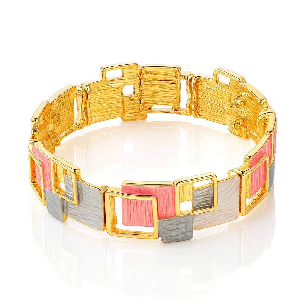 Side view of color block enamel bracelet with gold plated alloy