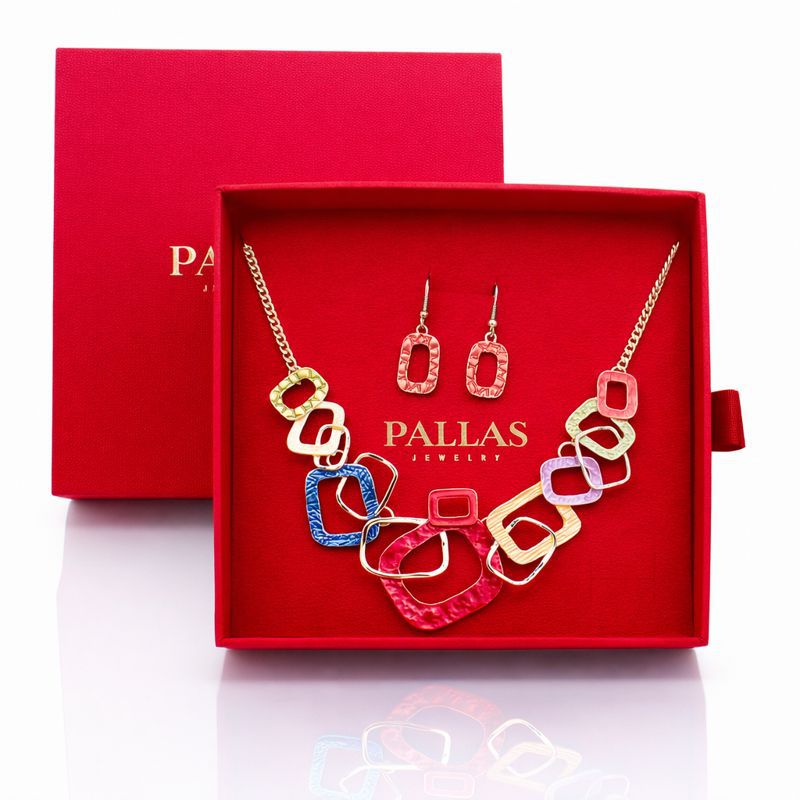 KC gold plated multicolor enamel necklace and earrings set in luxury gift box