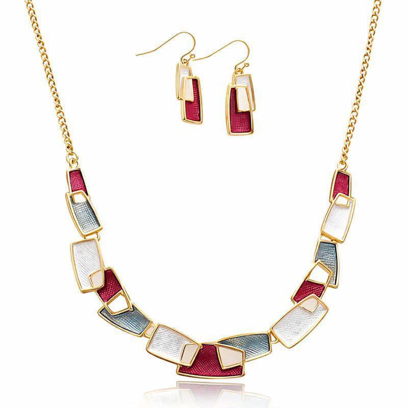 Geometric enamel necklace and earrings set with KC gold plating