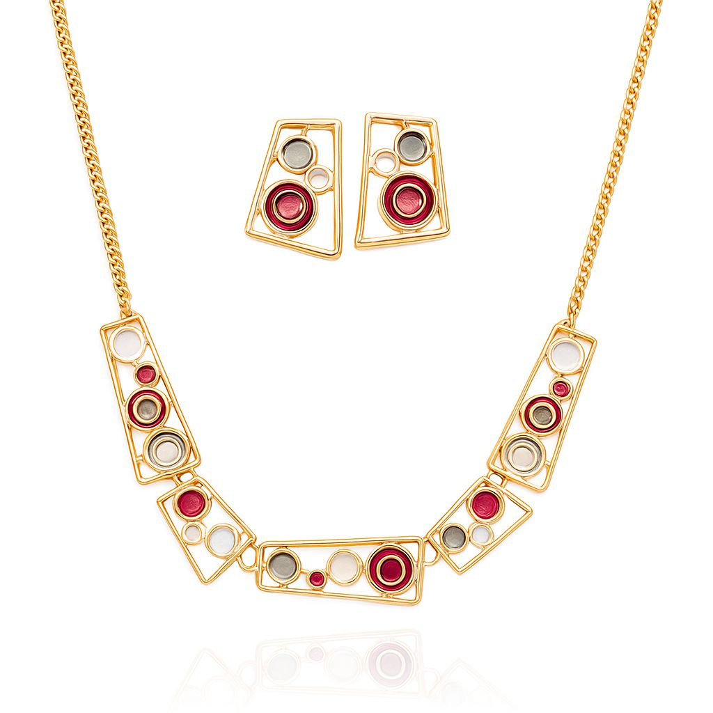 Geometric hand-painted enamel necklace and earrings set in KC gold plated alloy