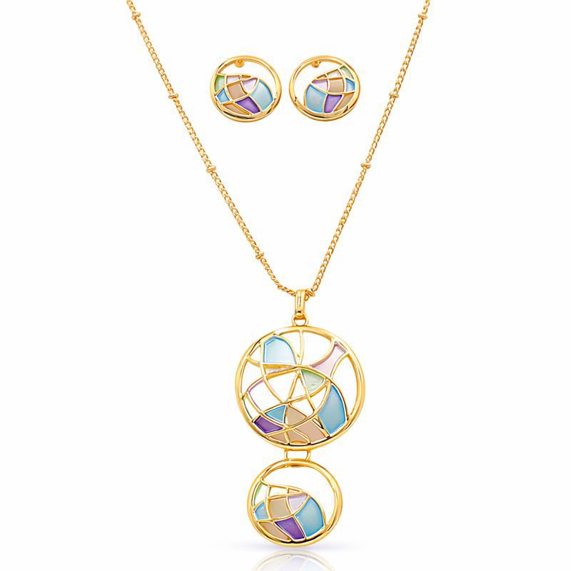 Modern geometric enamel necklace and matching earrings set for women