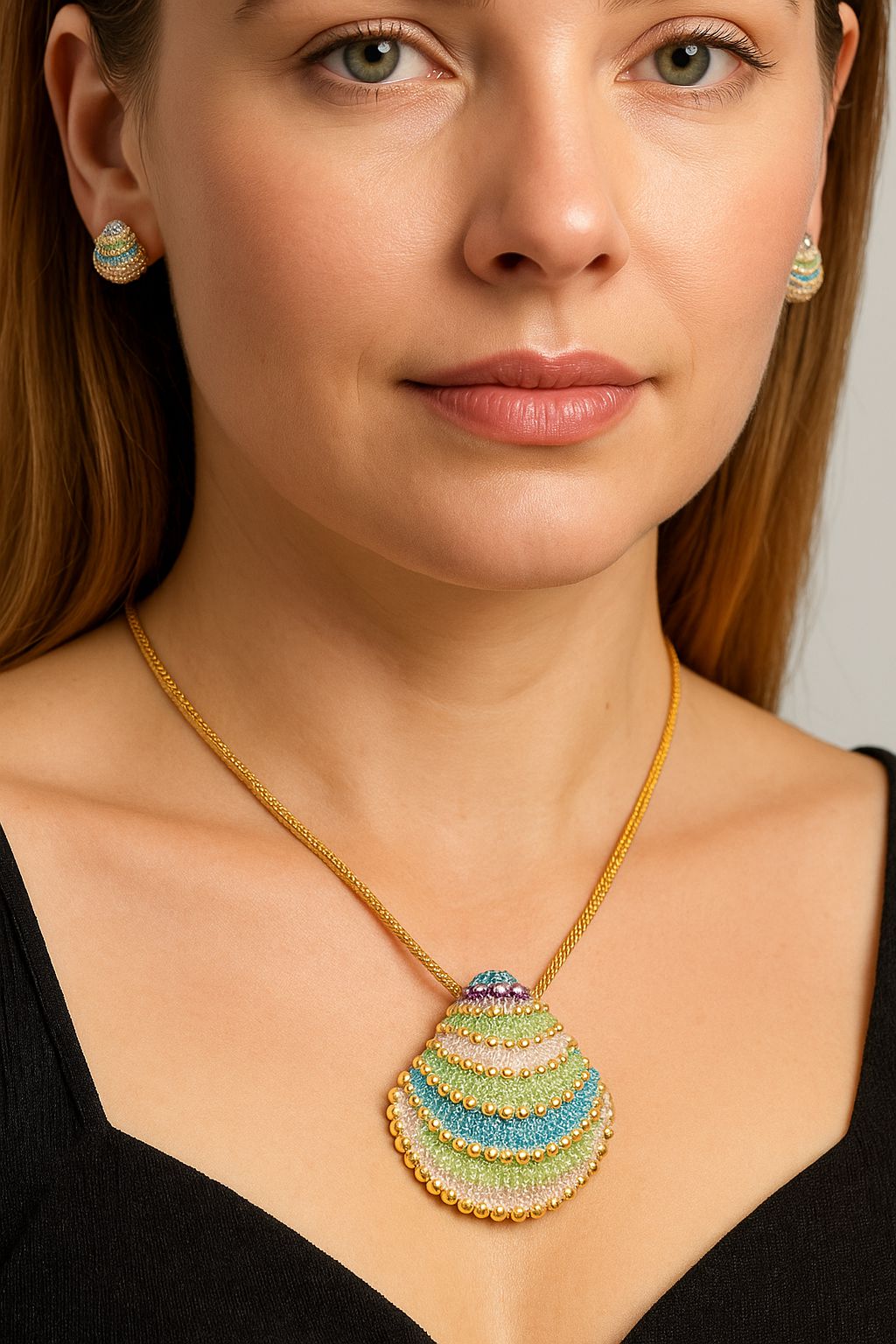 Model wearing geometric KC gold plated enamel necklace with pastel hand painted finish