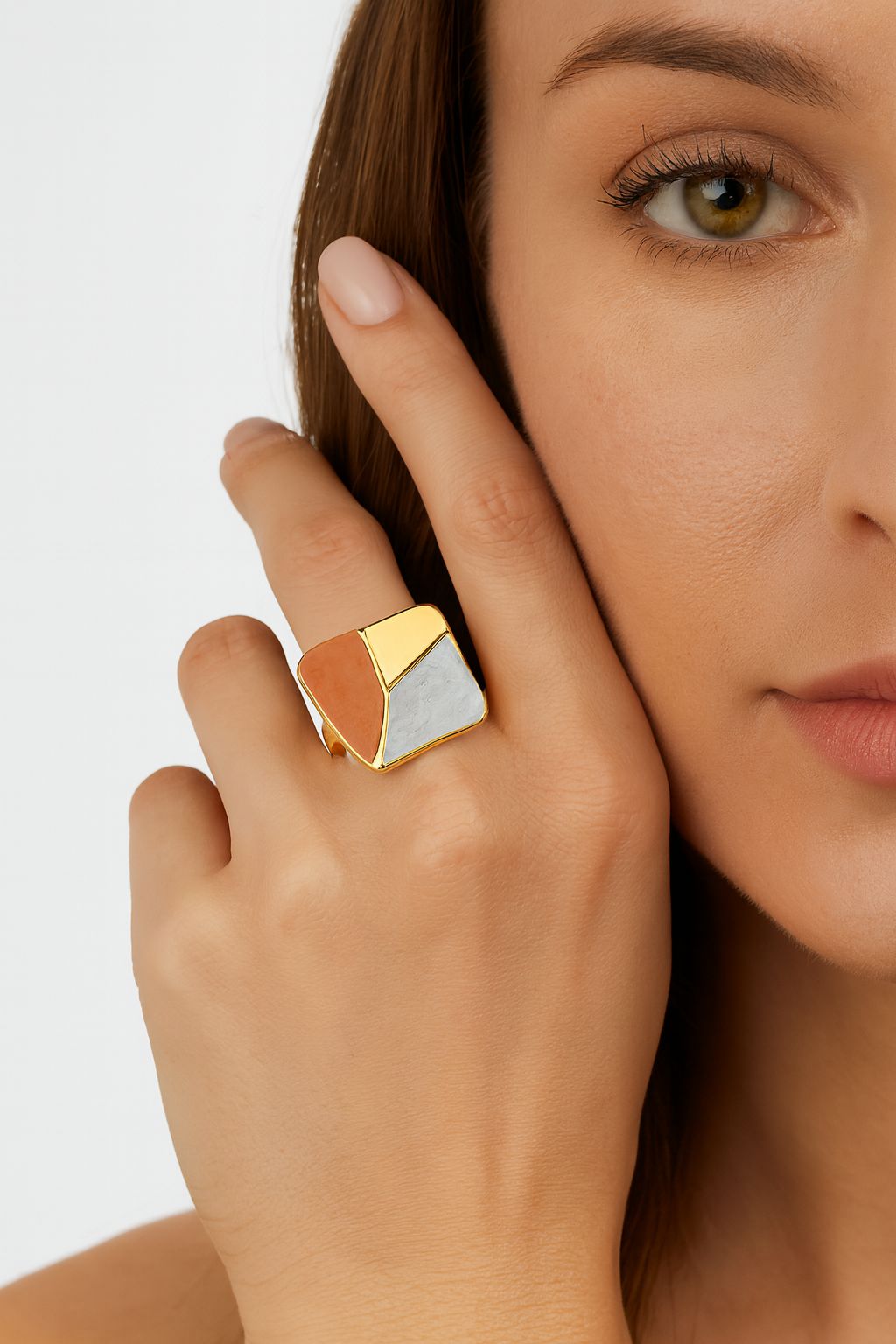 Adjustable geometric color-block ring with hand-painted enamel