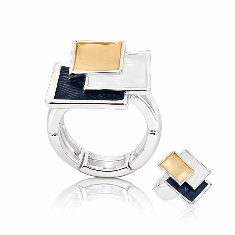 Geometric enamel silver ring worn on hand with minimalist design