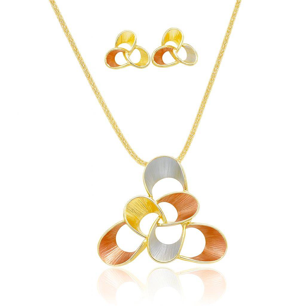 Tricolor gold pendant necklace and matching stud earrings with geometric floral design