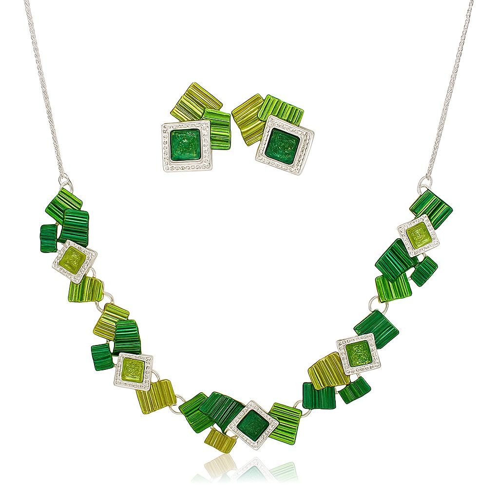Model wearing green geometric necklace and earrings set