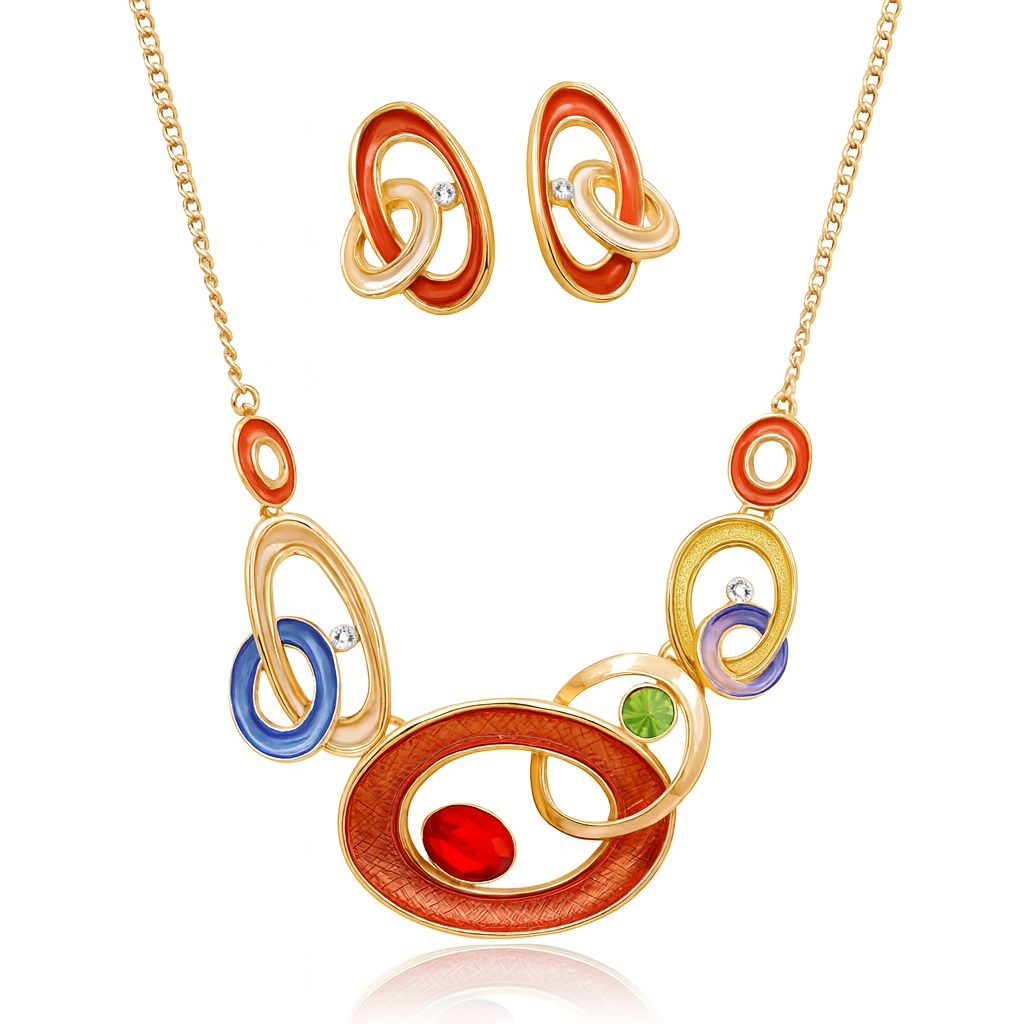 Hand-painted geometric interlocking necklace and earring set in gold tone