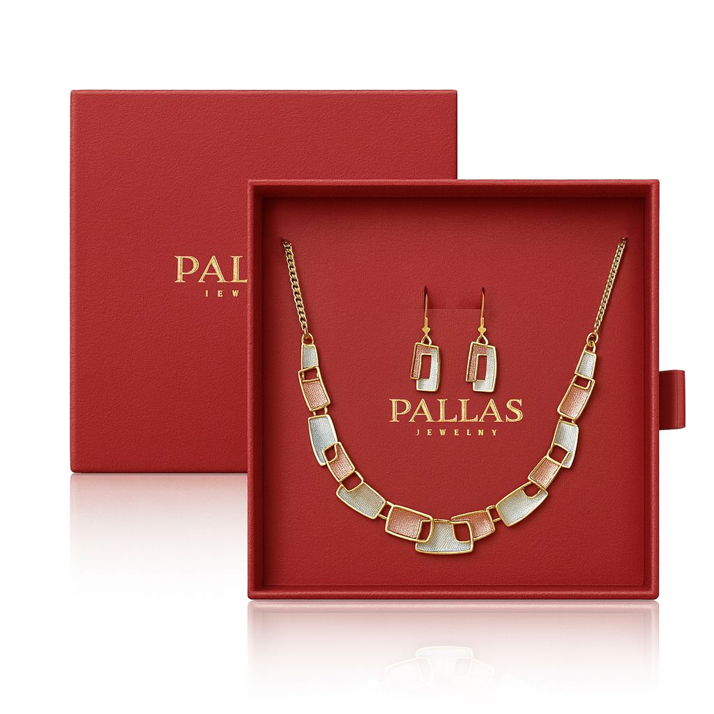 Close-up of enamel dangle earrings in abstract geometric style