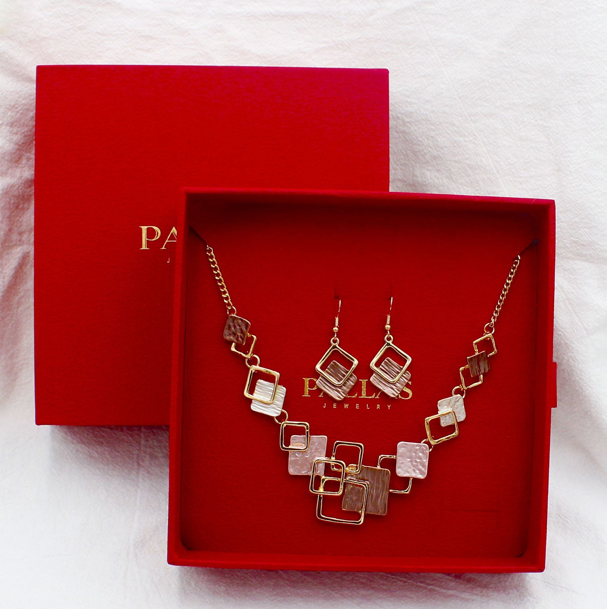 Modern geometric necklace and earrings set in luxury gift box