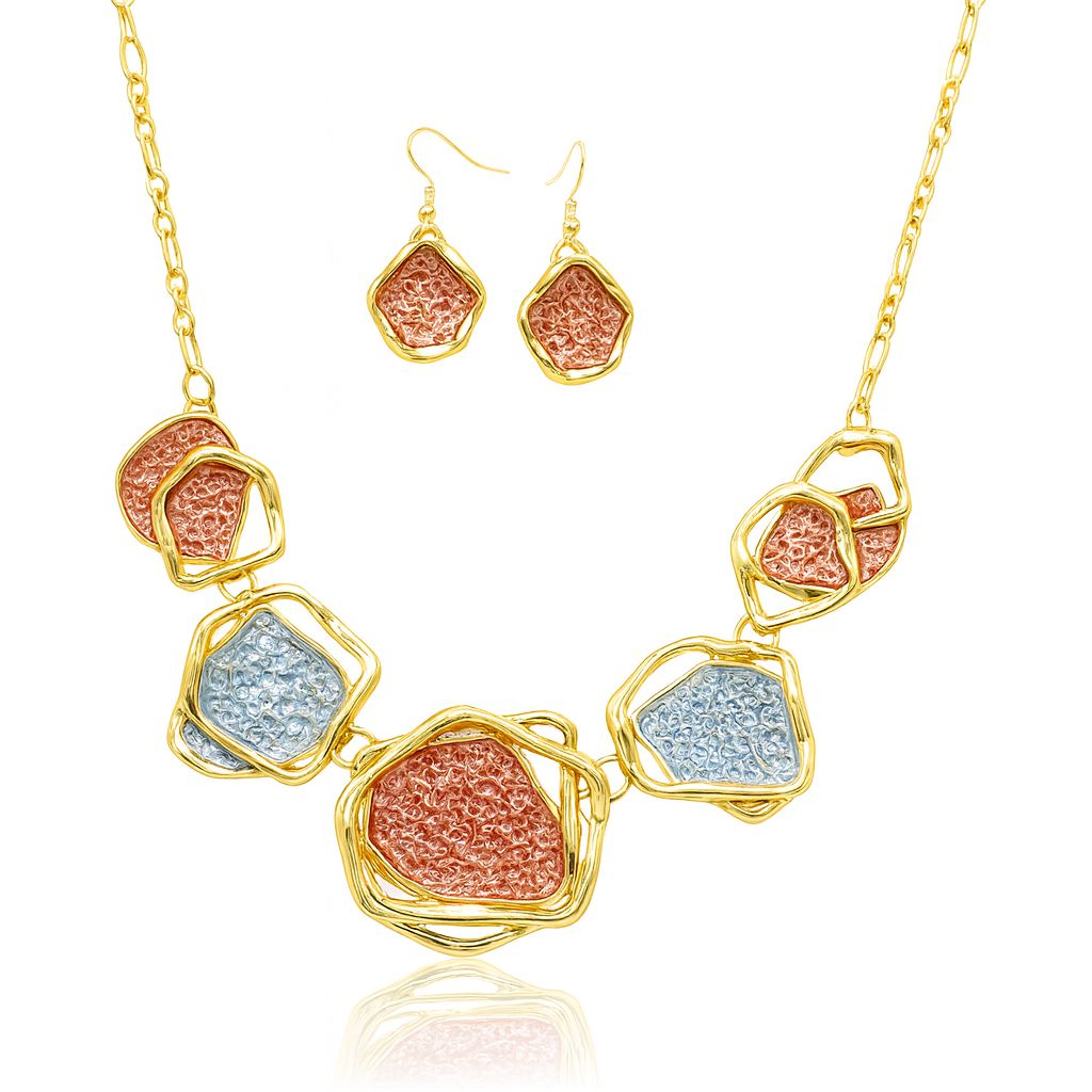 Geometric KC gold plated necklace and earrings set with hand-painted texture