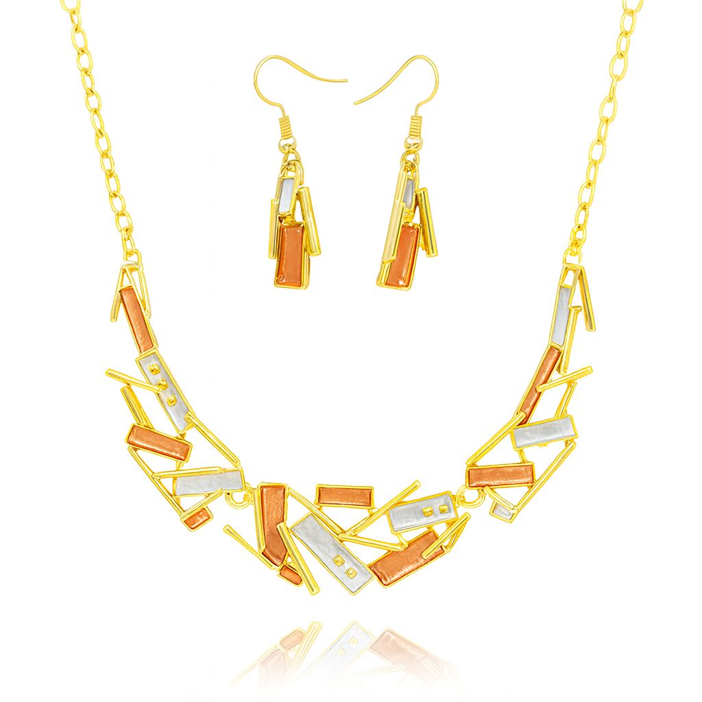 “Geometric KC gold plated necklace and earrings set with hand-painted enamel”