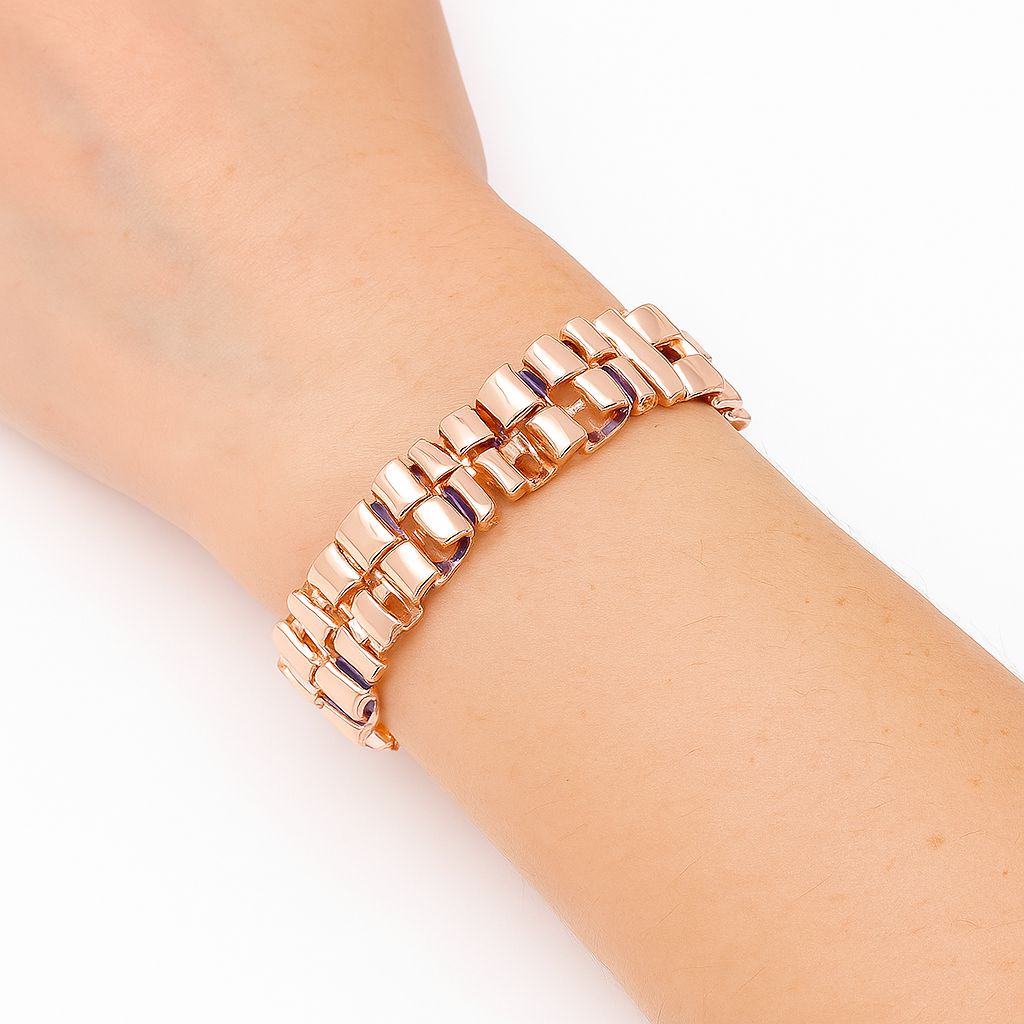 Women's geometric metal block bracelet with enamel details on wrist