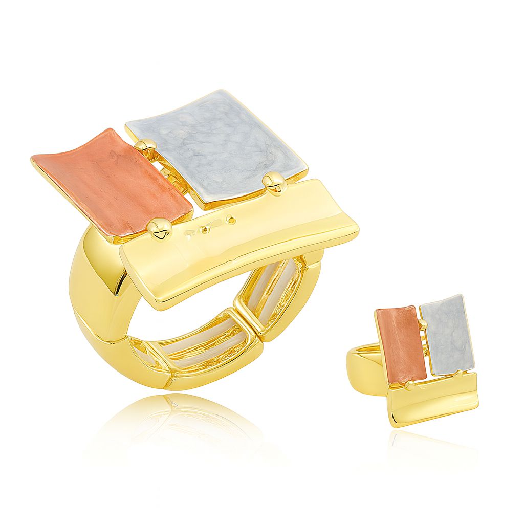 Geometric KC gold ring with hand-painted enamel tiles