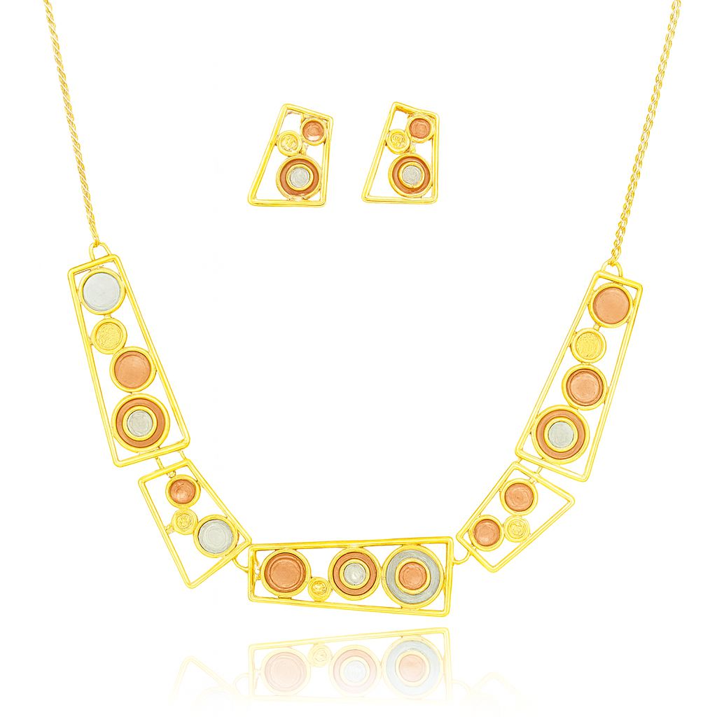Geometric gold-plated necklace and earrings set with hand-painted enamel