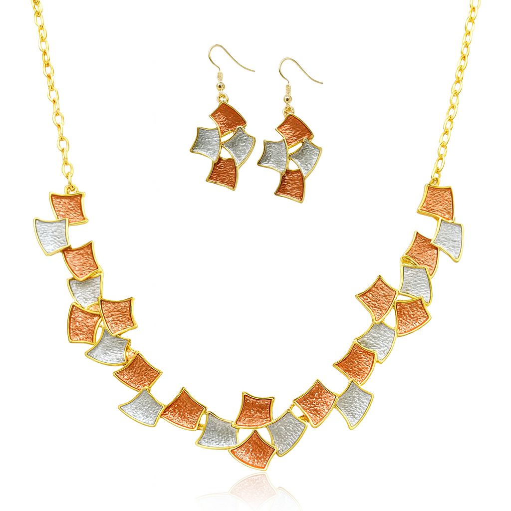 Tri-tone geometric panel necklace and earrings set with KC gold plating