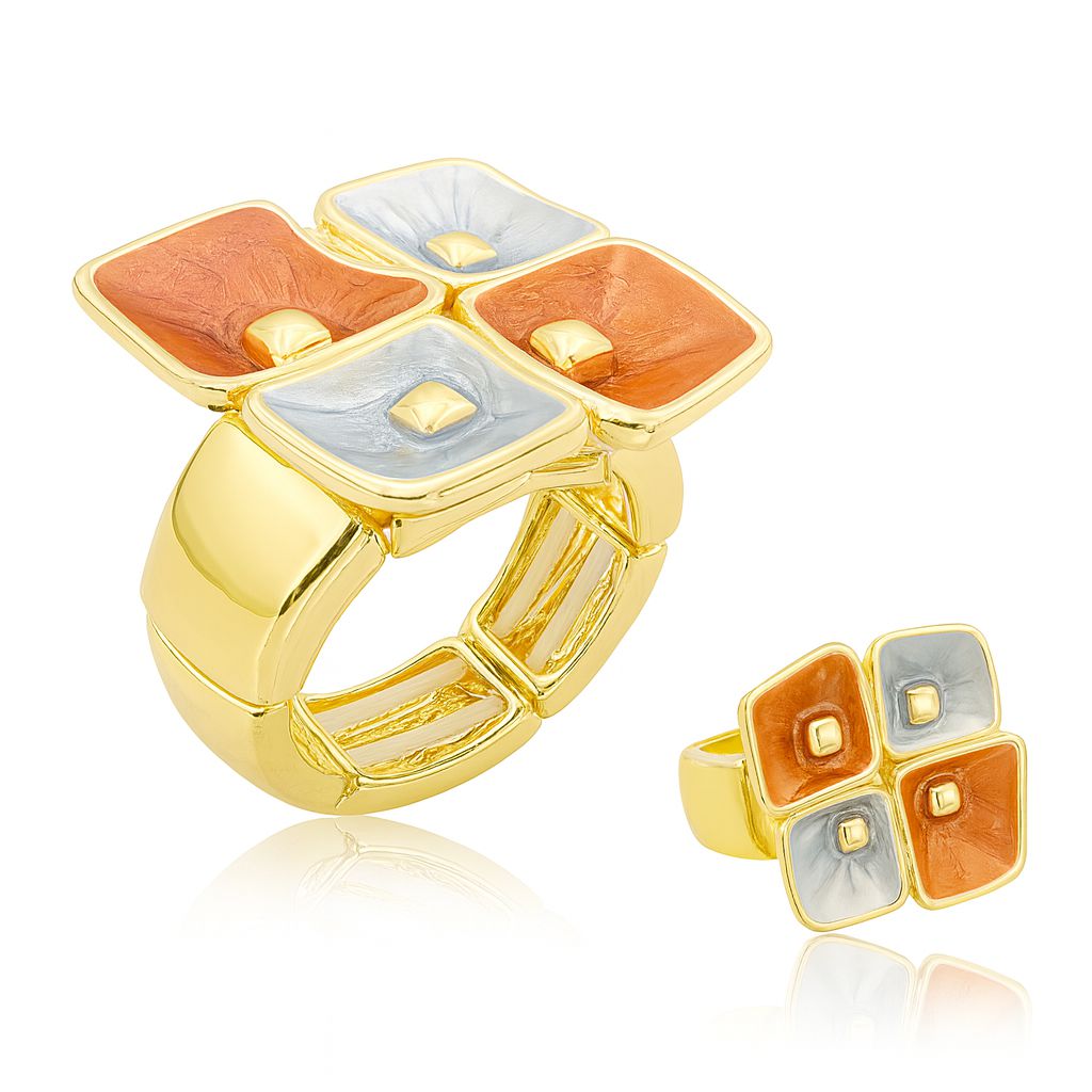 Geometric quad-panel KC gold enamel ring for women