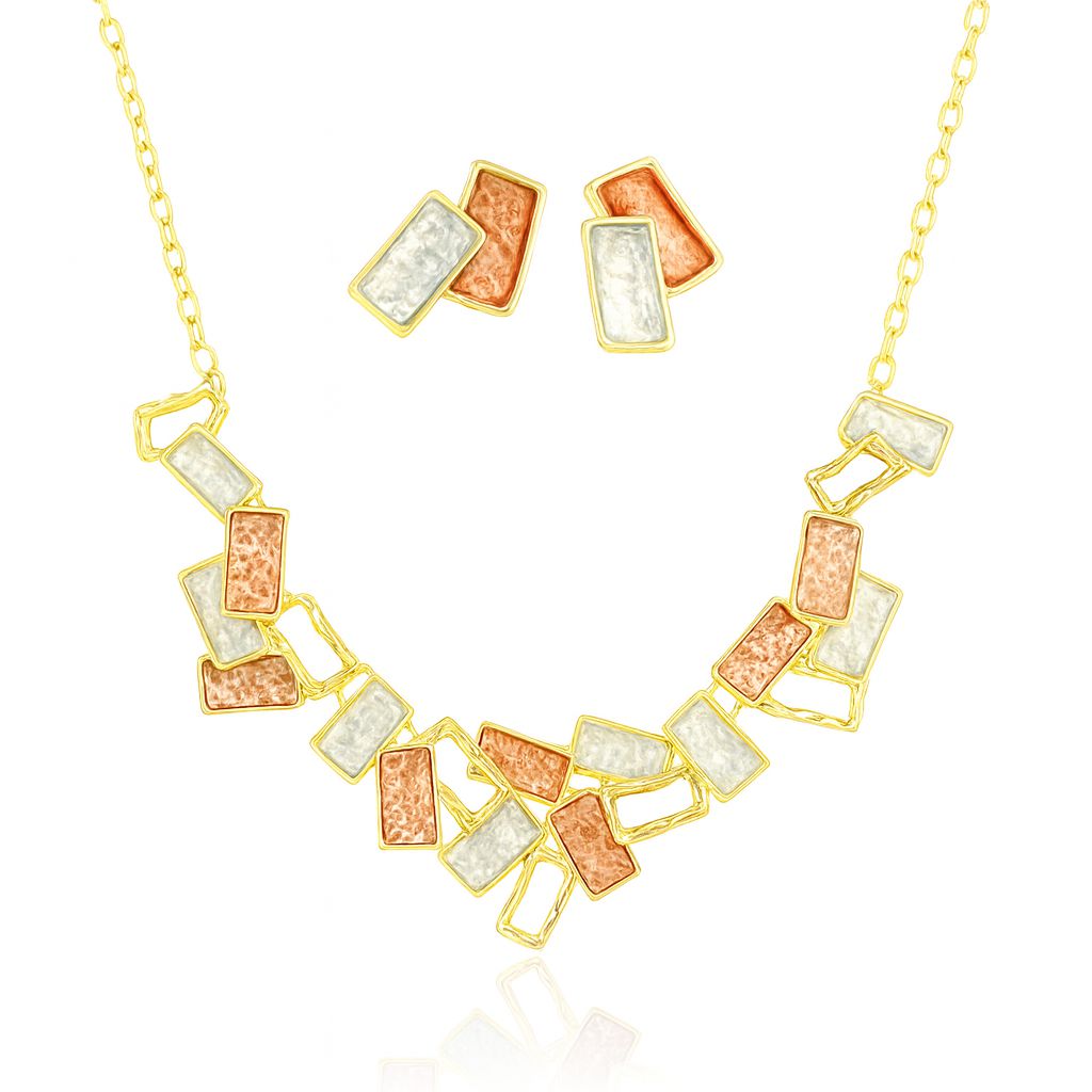 Geometric rectangle enamel necklace and earrings set in KC gold