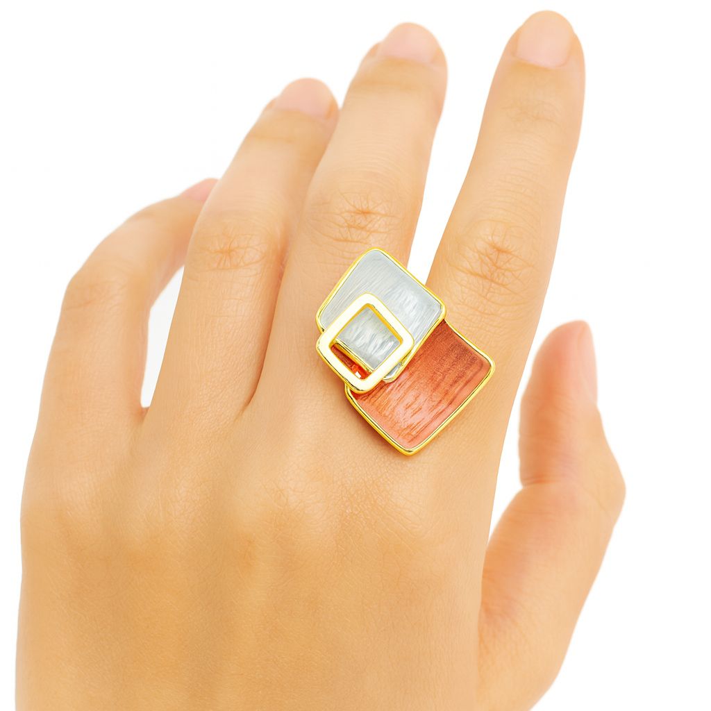 Contemporary KC gold plated abstract square ring with textured enamel finish