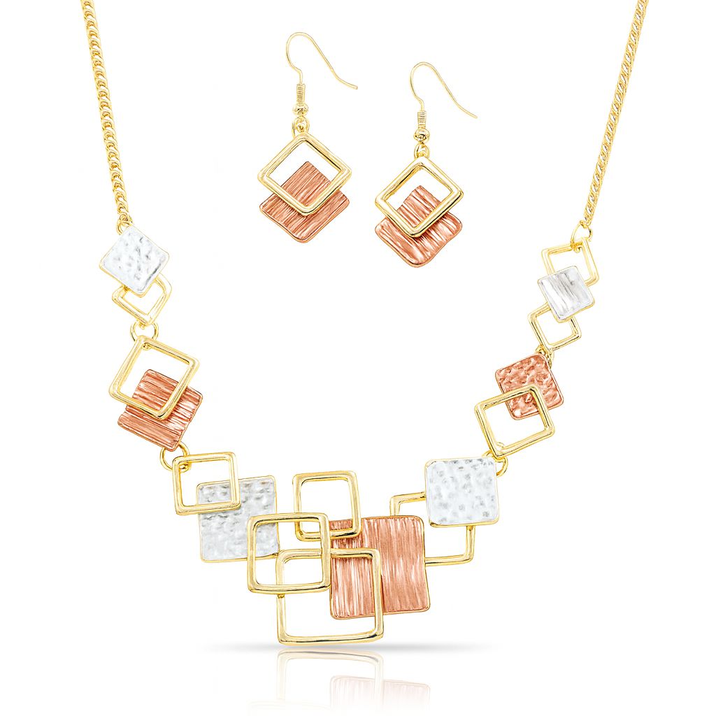 KC gold geometric square necklace and earring set with hand-painted texture