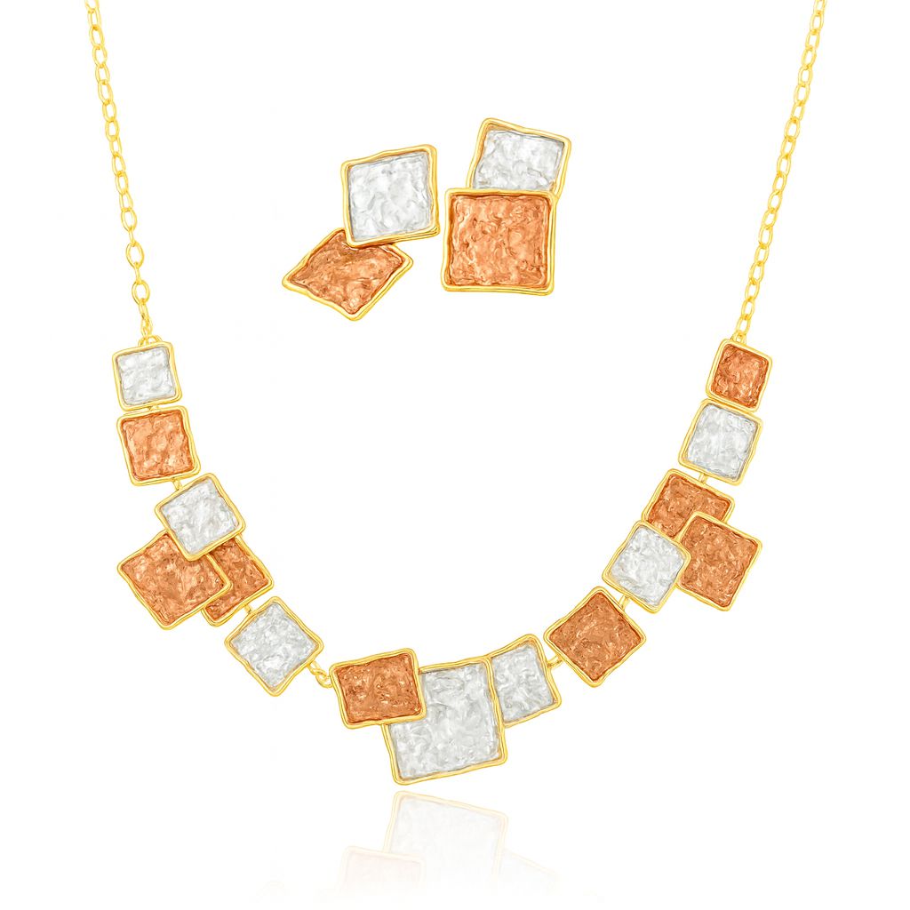 Geometric square necklace and earring set in gold plating