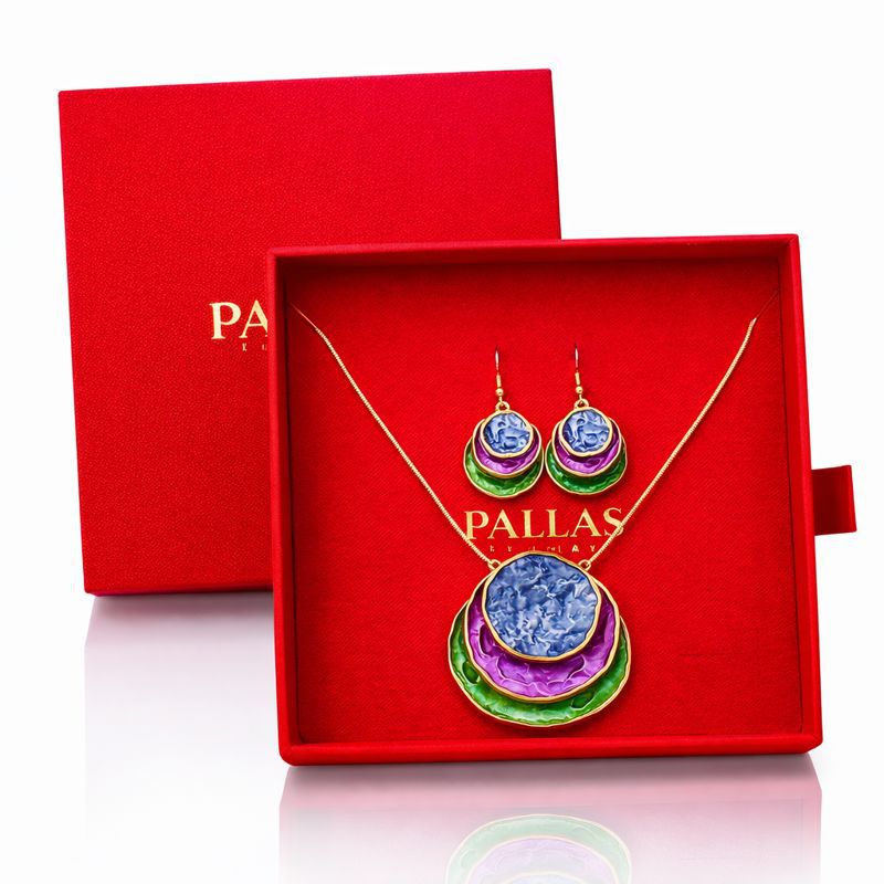 Hand painted enamel necklace and earrings set presented in gift box