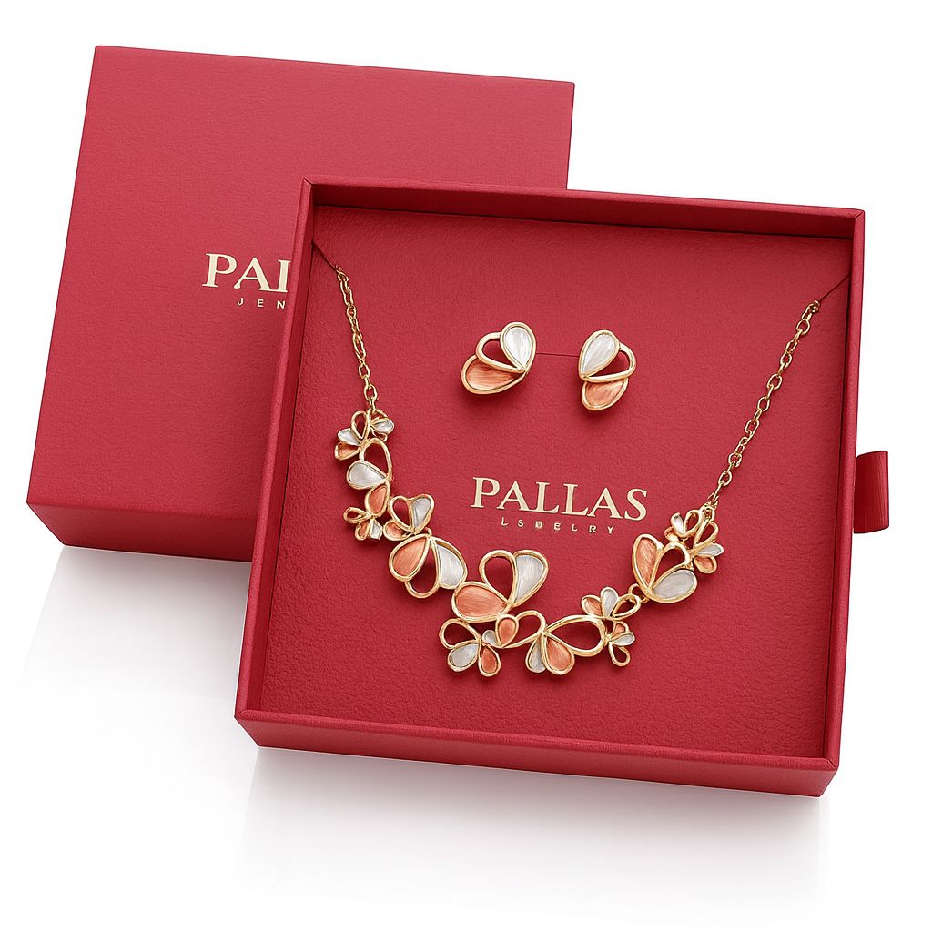 KC gold plated hand-painted petal necklace and earrings set in gift box