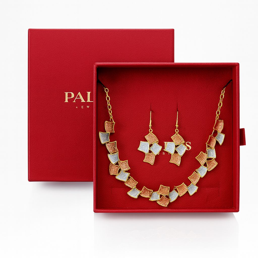 PALLAS Jewelry tri-tone necklace and earrings gift set in red box