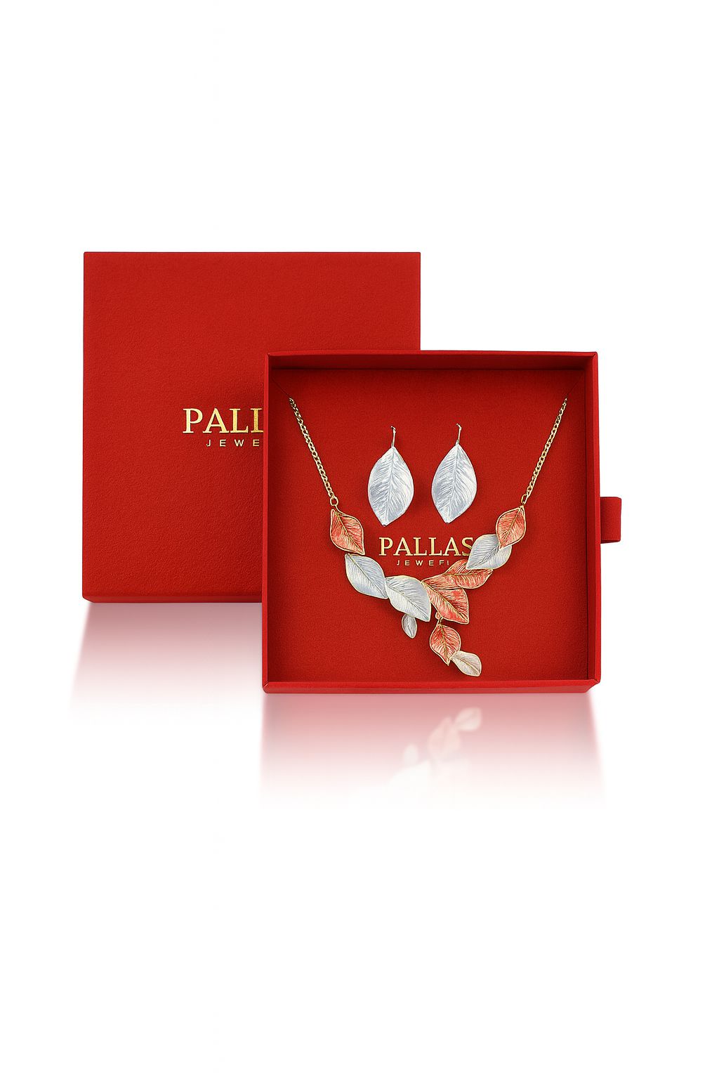 Pallas Jewelry gift box with leaf statement necklace and earrings