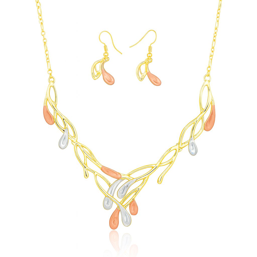 Gold branch drop necklace and earrings set for women