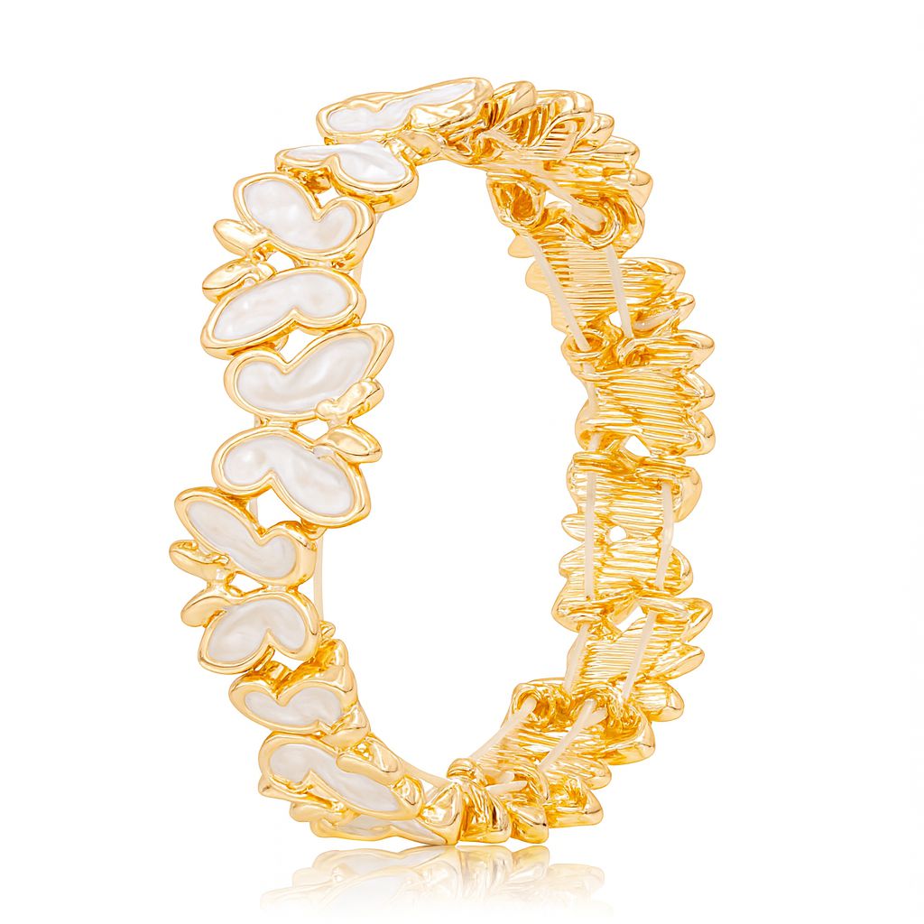 Gold butterfly bracelet with hand-painted enamel design, front view.