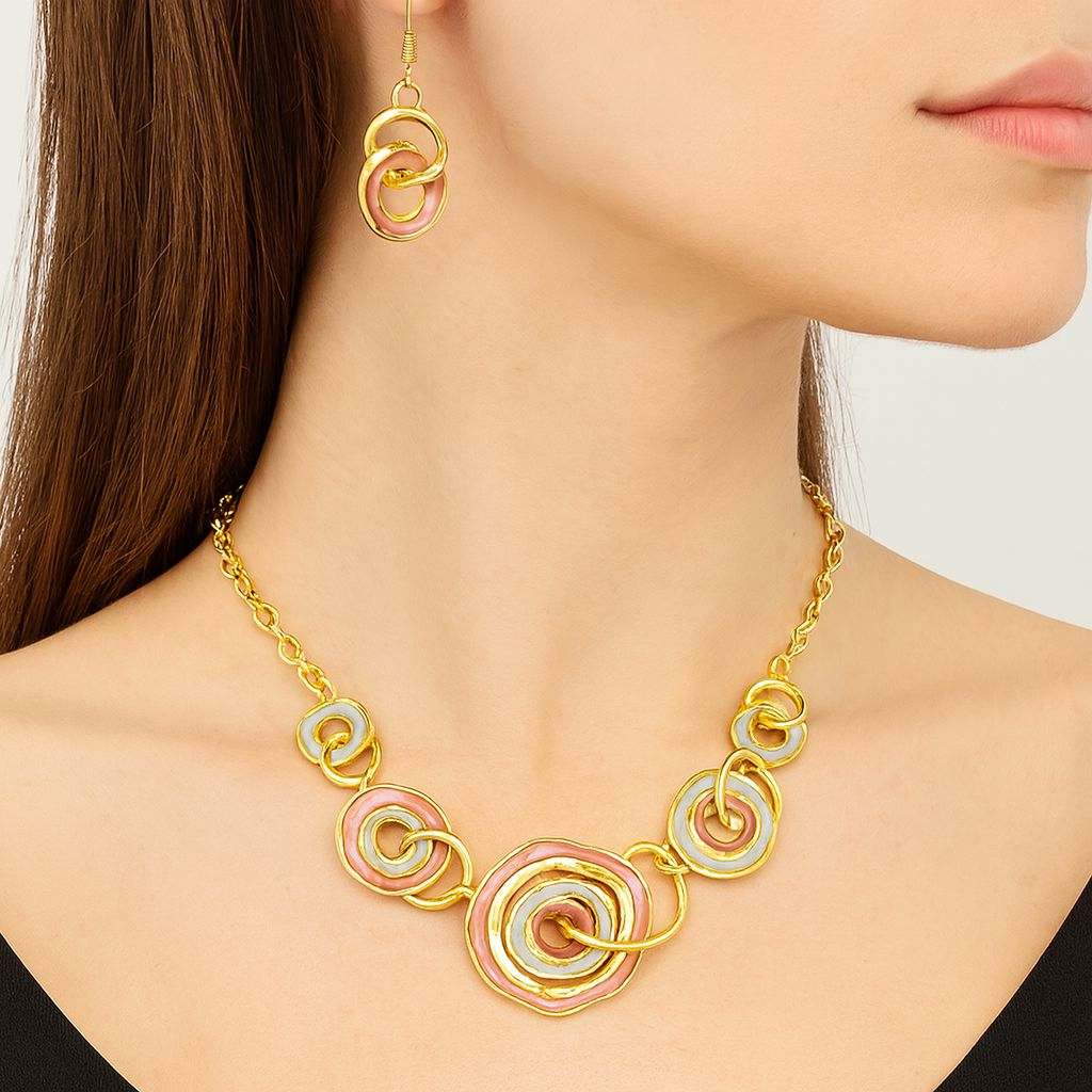 Elegant women's gold necklace and earrings set with linked circular design, perfect for fashion accessory and gifting