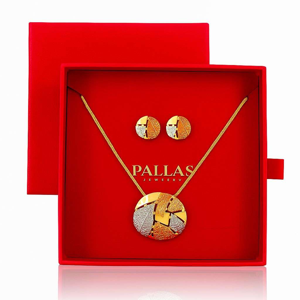 Tricolor gold, silver, and orange leaf design pendant necklace and earrings set in red box