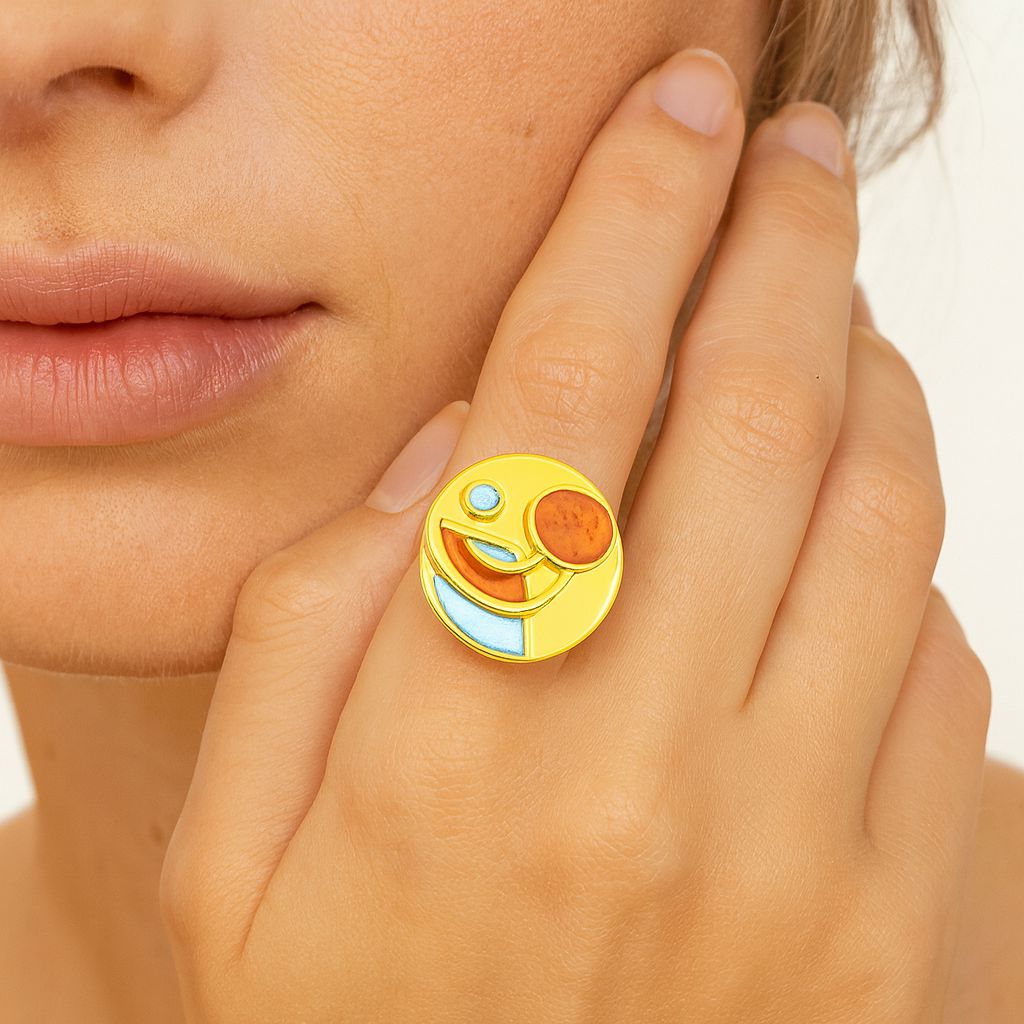 Adjustable geometric gold ring with colorful enamel details