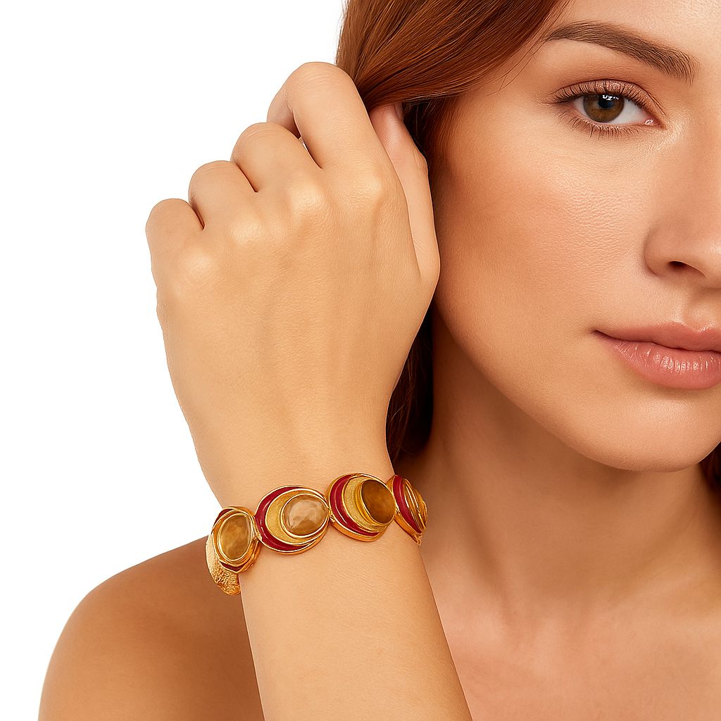 Model wearing colorful enamel gold bracelet cuff