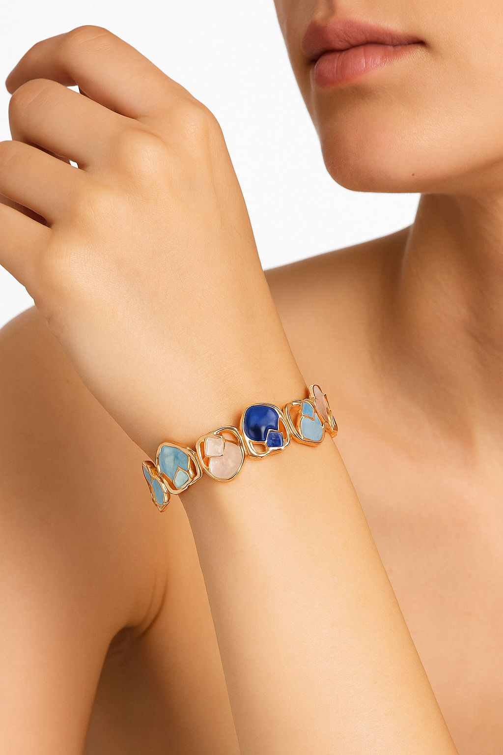 Blue and gold enamel bangle bracelet for women, hand-painted jewelry