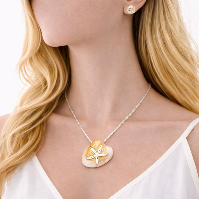 Side view of hand painted enamel necklace and earrings