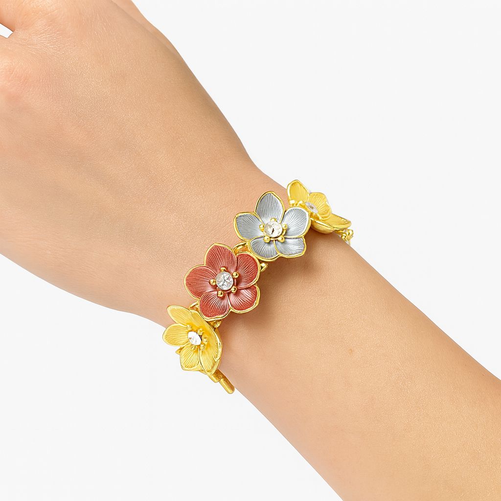 Detailed close-up of enamel flower bracelet