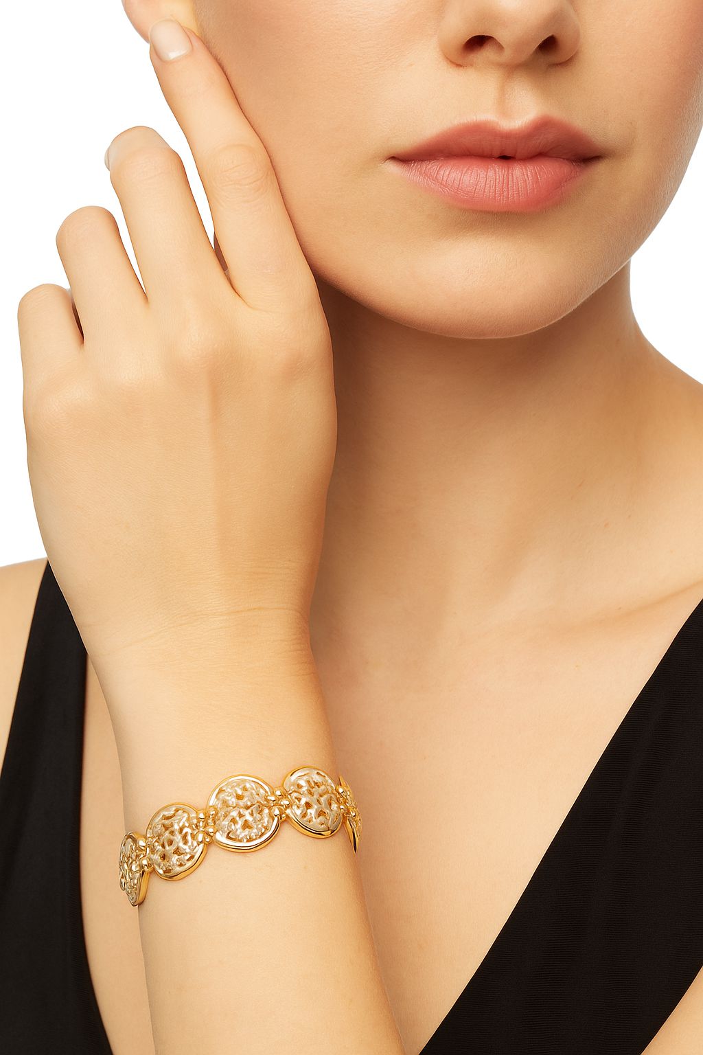Woman wearing gold-plated hand-painted enamel bracelet set