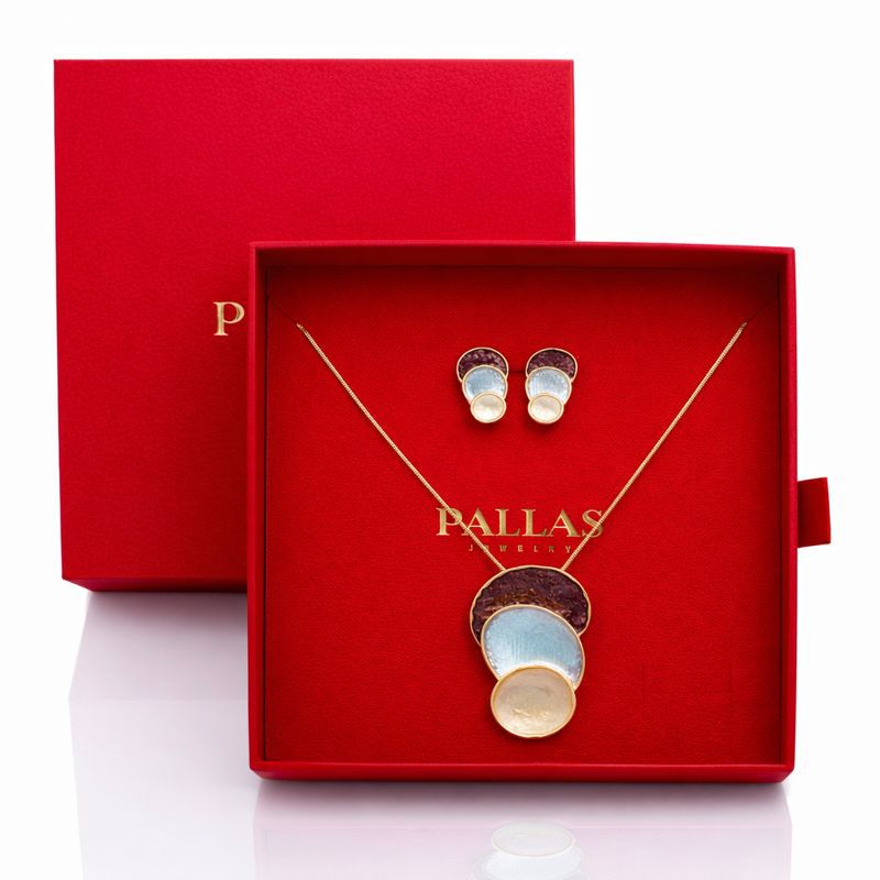 Gold enamel necklace and earrings set in luxury gift box