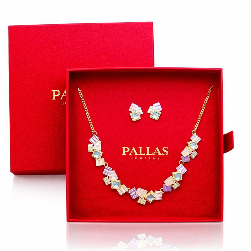 Hand-painted enamel necklace and earrings set presented in gift box