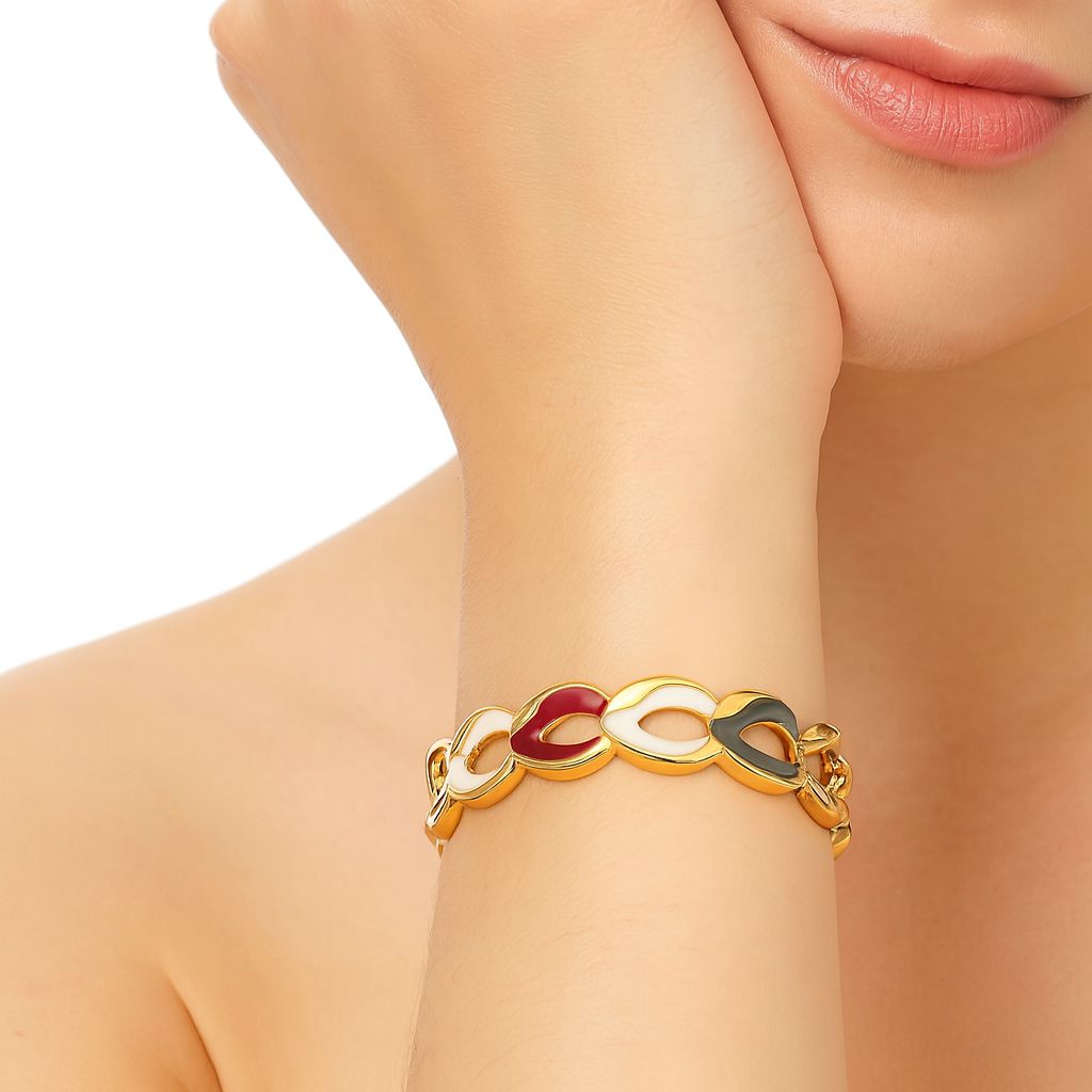 Close-up of luxury gold-plated enamel bracelet links