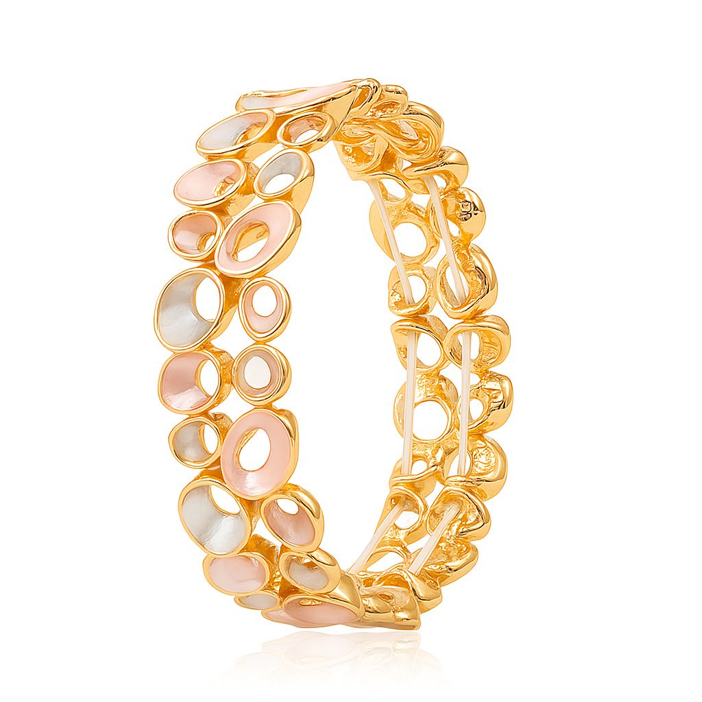 Model wearing colorful enamel oval-link gold bangle bracelet for women