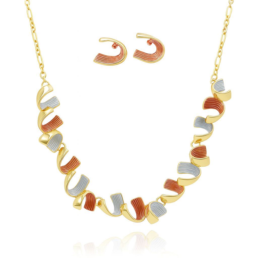 Modern gold necklace set with matching tricolor wave design earrings for women