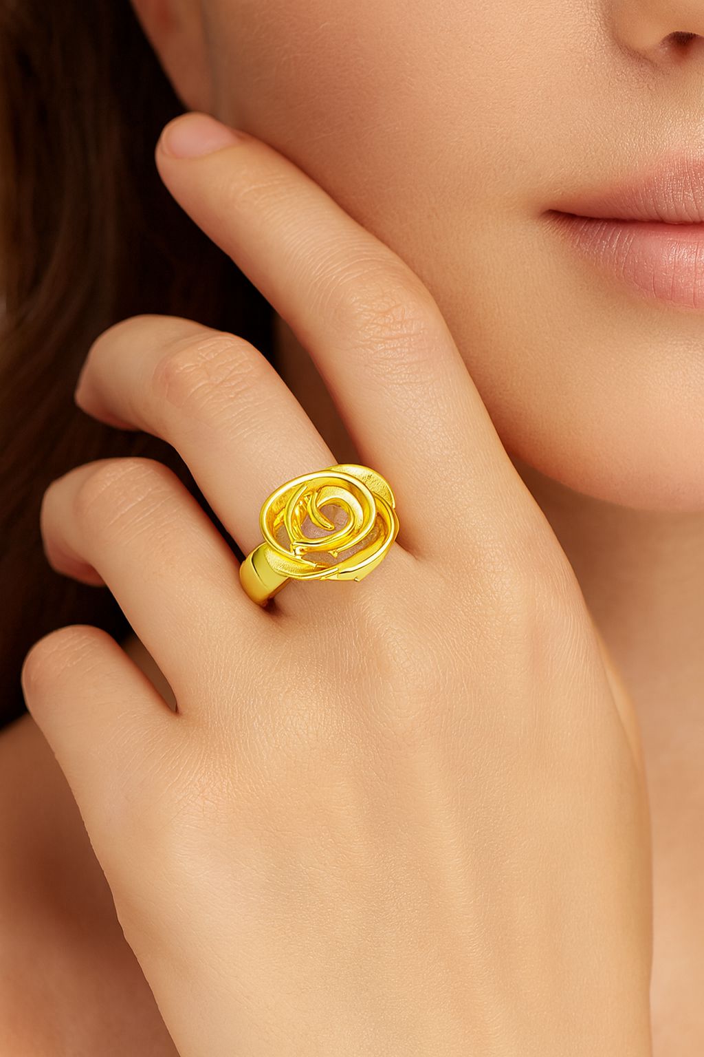 Hand-painted gold flower ring with artistic swirl design