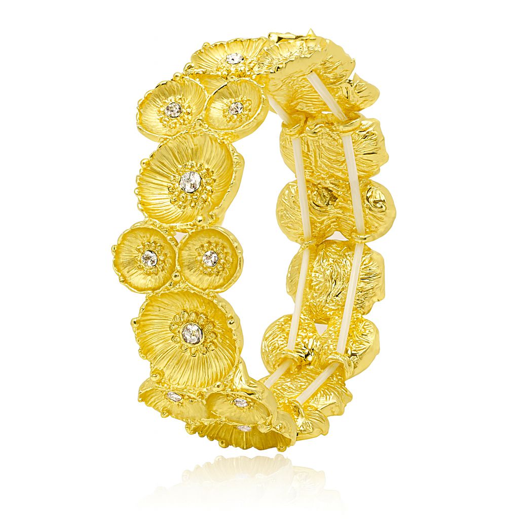 Hand-Painted Gold Flower Bracelet with crystals, KC gold plated floral stretch bangle