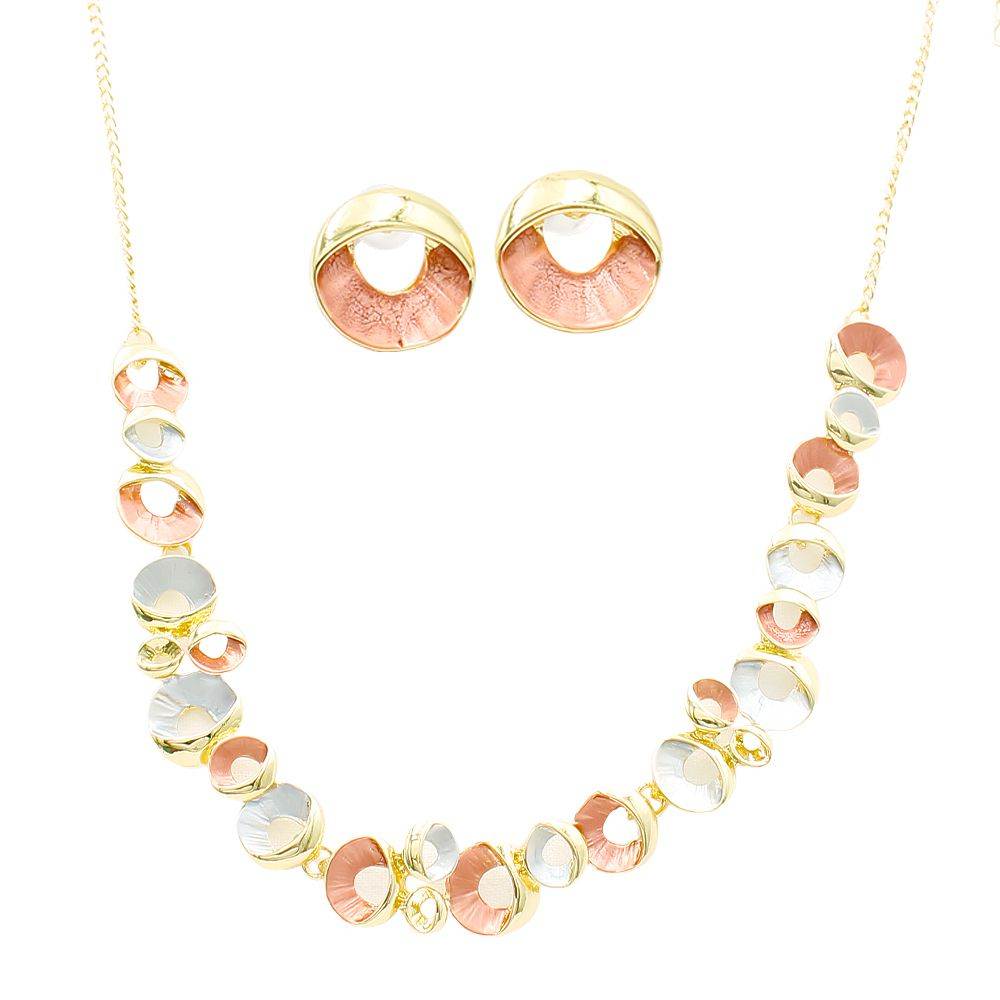 Women’s gold circle jewelry set with multi-tone gold, rose, and silver necklace and matching earrings