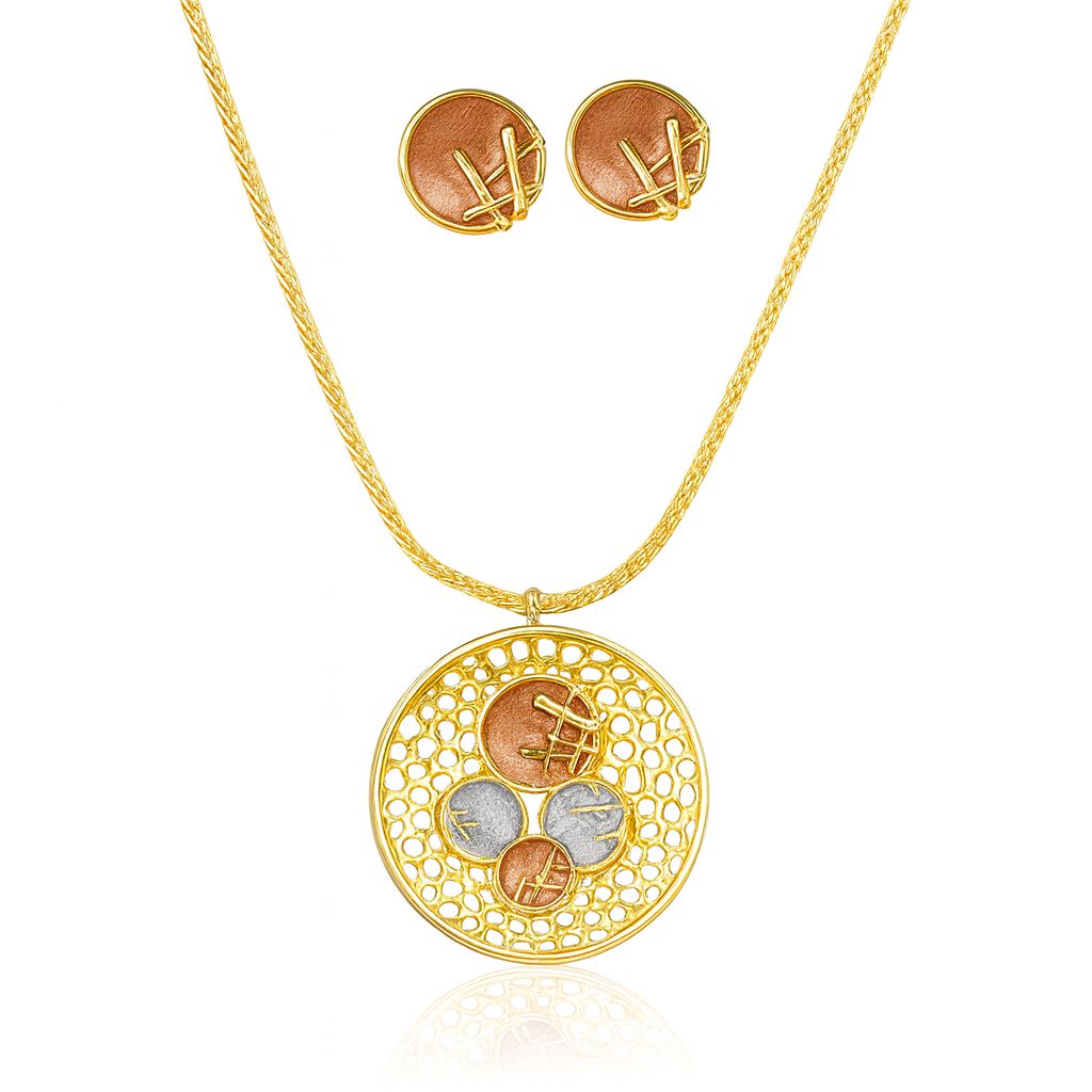 Designer gold jewelry set for women with round pendant necklace and matching earrings featuring gold, silver, and copper tones