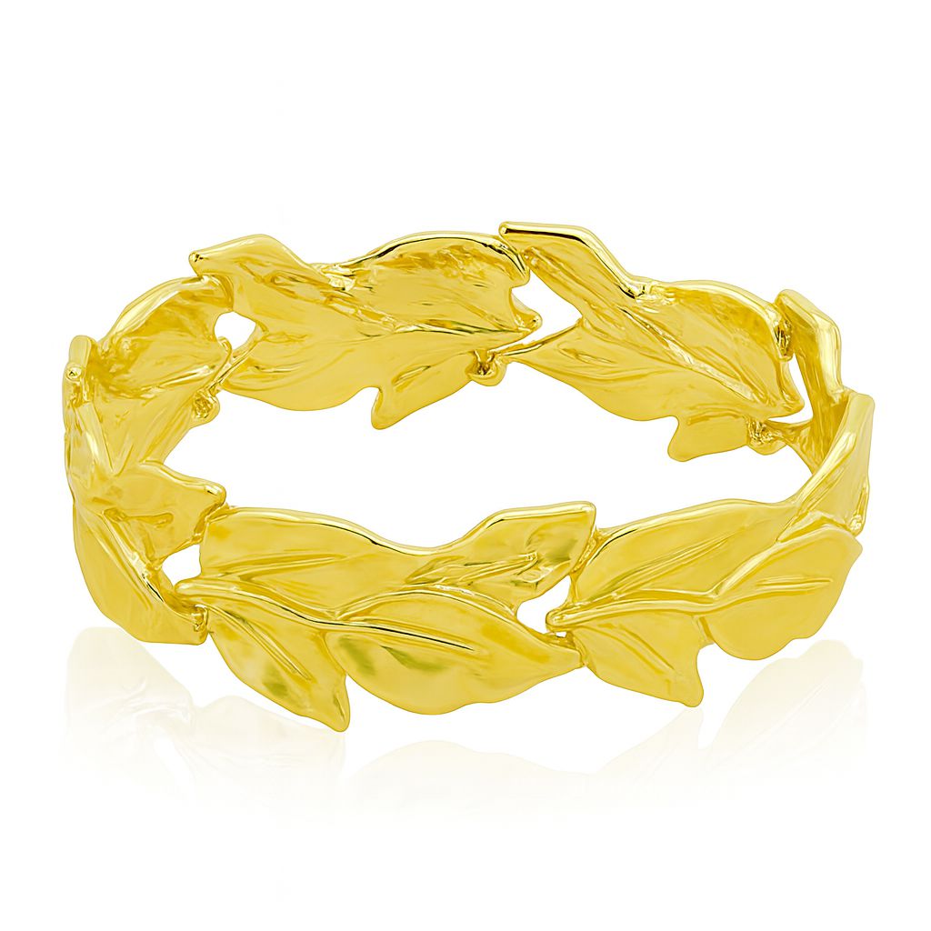 Vintage leaf gold bracelet with KC gold plating and hand-painted textured design on alloy bangle