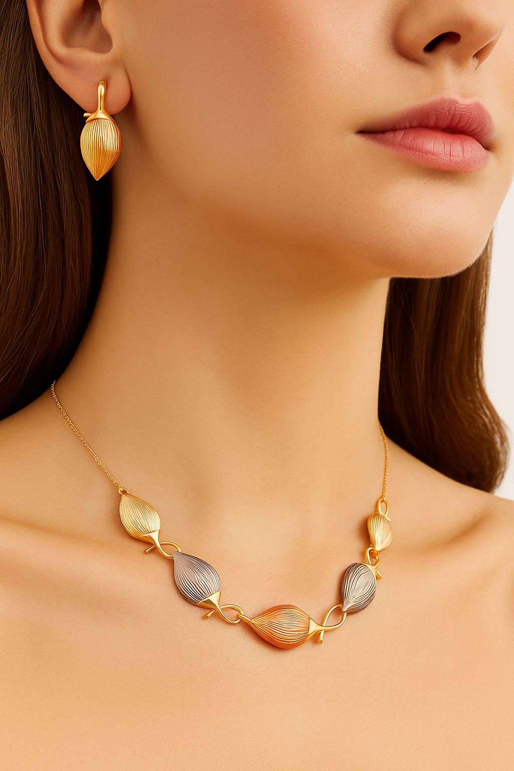 Hand painted enamel leaf necklace worn on model