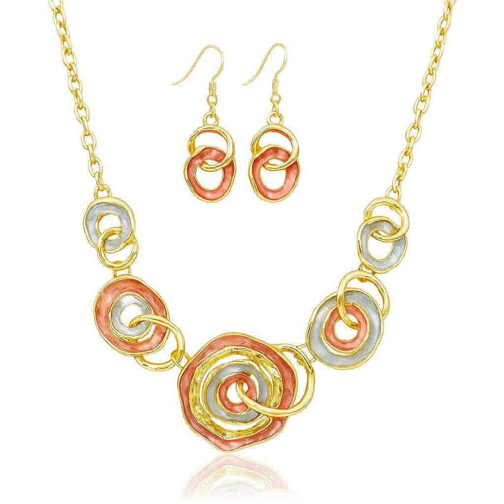 Women’s gold necklace and earrings set with interlocking red and silver-tone circles, elegant fashion jewelry for women